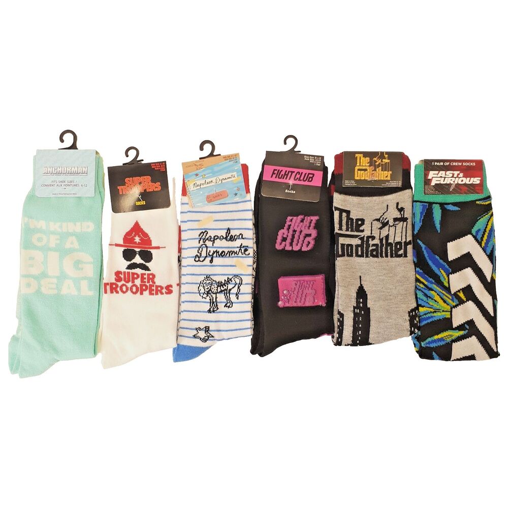 Classic Movie Variety Pack Novelty Men Crew Socks 6 Pair Size 6-12 NWT